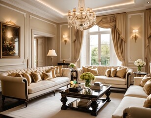 A luxurious living room, with a sunny atmosphere, featuring a well-appointed interior design, showcasing opulent details like intricate moldings and luxurious fabrics