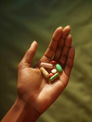 Close-up of Multicolored Pills in African American Hand
