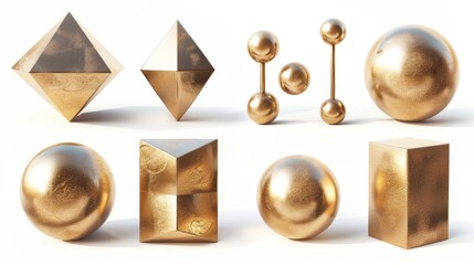 The rendering shows different geometric golden shapes set against a white background. The objects are modern minimal metal objects.