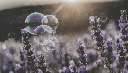 a bunch of soap bubbles sitting on top of a field of purple flowers and lavenders with the sun...