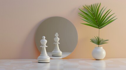 In this 3D rendering, the white pawn piece stands in front of the round mirror where the white king reflects. A contrast metaphor. Perceptual distortion concept. Minimalistic aesthetics.