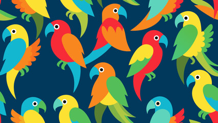 Naklejka premium Colorful Cartoon Birds Seamless Pattern with Flowers and Nature Elements
