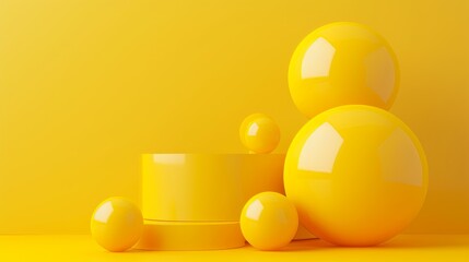 An abstract background with minimal geometric shapes, a yellow ball on the top of a cylinder podium, raw objects, primitive shapes. An example of a successful business concept that is one of a kind,