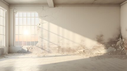 A room with a dirty wall and a window with the sun shining on it