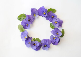 Wreath.bouquet of  fviolet lowers. Top view, space for text, background, copy