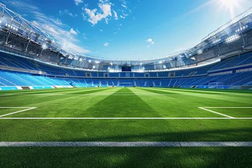 Deurstickers a stadium with blue seats and a green field © Gheorhe