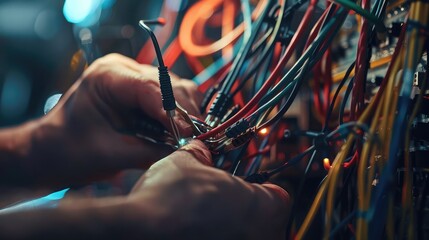 A close-up shot of a main wiring harness being soldered together, demonstrating the precision and skill required to assemble intricate electrical systems. - obrazy, fototapety, plakaty