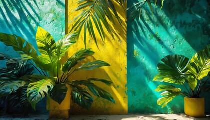 bright yellow and turquoise painted walls with green tropical leaves sunlight with shadows summer...