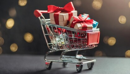 shopping card full of presents gift boxes with red bows in a supermarket trolley christmas and new year sale minimal concept gifts in toy shopping cart