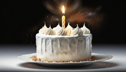 white birthday cake with candle isolated on transparent background cutout