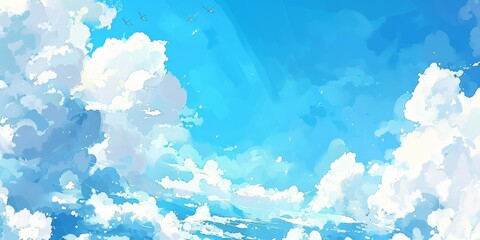 Beautiful blue sky with a white clouds in a sunny day. Watercolor illustration. AI generated - 781163307
