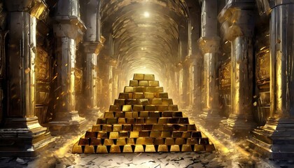stack of gold ingots in security bank vault generative ai