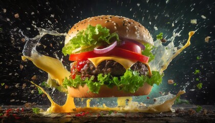 food photography of a juicy hamburger with lettuce tomato and cheese on top against a black background flying through the air with a high speed shutter food splashes generative ai