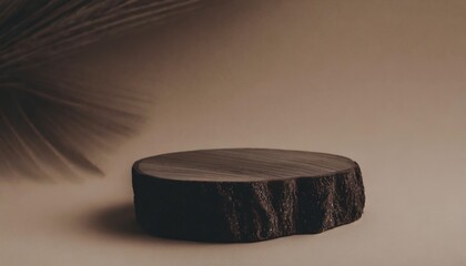 wood slice podium on beige background for cosmetic product mockup