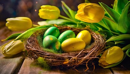 yellow and green easter eggs and tulips easter eggs in a nest and yellow tulips on wooden table