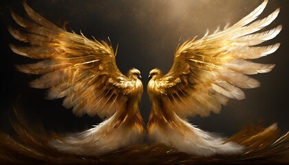 pair of gold wings and feathers isolated on transparent background