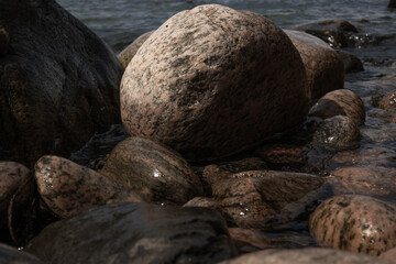 portrait of a large sea stone on the shore of the Baltic Sea