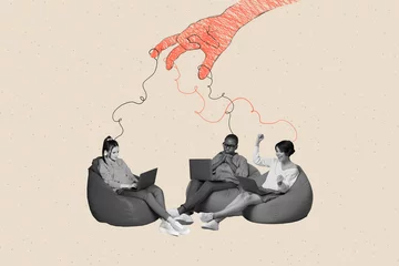 Fototapeten Creative collage picture sitting three collegues remote workers freelance hand manipulation pull string authority propaganda control © deagreez