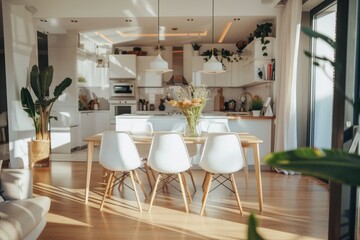 Fototapeta premium Spacious and modern open plan living space that blends the kitchen and living room seamlessly.