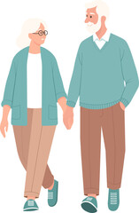 An elderly couple is walking hand in hand. Vector illustration.