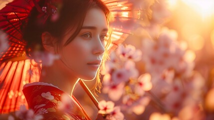 Traditional Japanese Woman with Umbrella at Sunset
