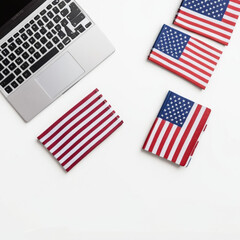 Obraz premium Top view of fireworks for independence day with American flags and notebook