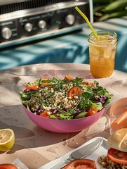 Fresh Garden Salad with Quinoa and Cold Ice Tea on Outdoor Table