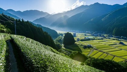 夏　日本の田園里山　田舎の風景　遠くに臨む山と青空と雲　夏休み・帰省・自然のイメージ背景