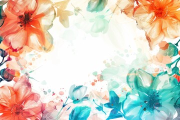Watercolour illustration of a frame from abstract flowers with a white copy space on a center. AI generated - 781164947