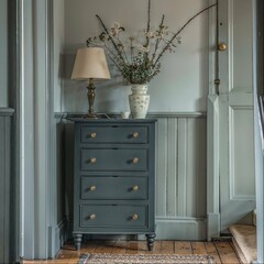 the dresser is next to a lamp and flowers in the vase