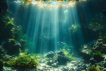Sunlight filters through water illuminating rocky seabed and algae underwater. Concept Underwater Photography, Marine Environment, Natural Light, Seabed Exploration