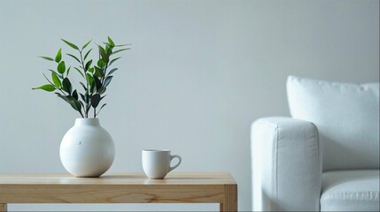 Fototapeta na wymiar a white vase with plants on a small table beside a white sofa