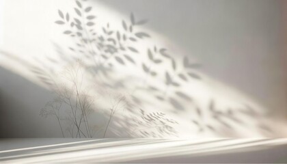 Minimalist background of blurred foliage shadows softly gracing a white wall.