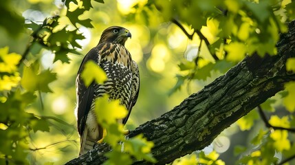 Majestic hawk perched on a tree branch, enveloped by vibrant green foliage. Stunning wildlife scene in natural habitat. Perfect for nature enthusiasts and educational uses. AI - obrazy, fototapety, plakaty