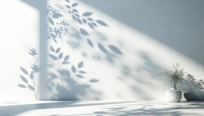 Minimalist background of blurred foliage shadows softly gracing a white wall.