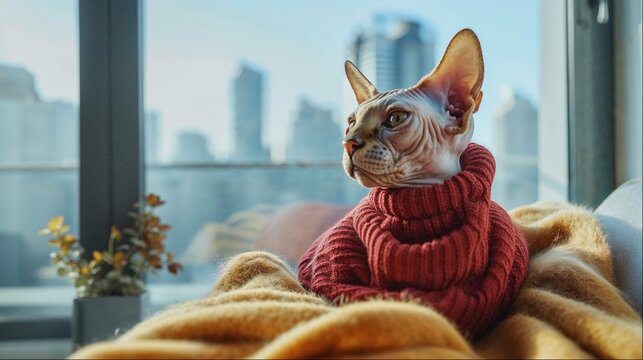 a hairless cat with an ugly sweater sits on a blanket