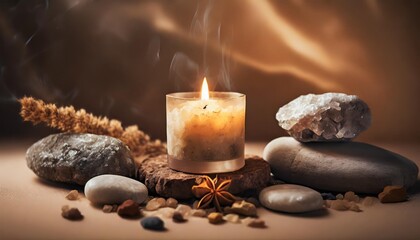 aroma candle on beige background warm aesthetic composition with stones cozy home comfort relaxation and wellness concept interior decoration mockup