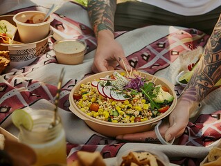Close-up of a Fresh Vegan Salad Bowl on Picnic Blanket