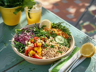 Fresh Veggie Buddha Bowl with Lemonade on Outdoor Patio