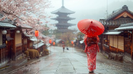 Woman in Traditional Japanese Kimono and Red Umbrella During Sakura Season