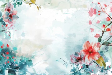 Watercolour illustration of a frame from abstract flowers with a white copy space on a center. AI generated