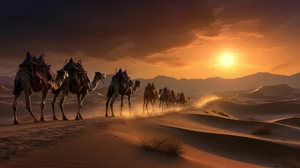 Foto op Plexiglas there are many camels in the desert at sunset - this is from behind © Wirestock