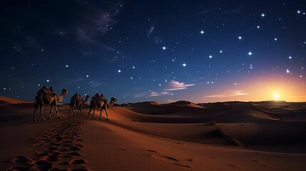 AI generated illustration of two people riding camels in a desert landscape at night