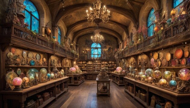 This image captures the magical atmosphere of an old, dimly lit library filled with globes and antiquities, reminiscent of a scene from a fantasy novel.. AI Generation