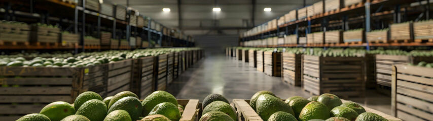 Avocados harvested in wooden boxes in a warehouse. Natural organic fruit abundance. Healthy and natural food storing and shipping concept.