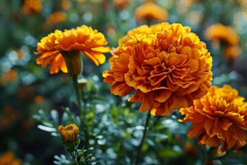 AI generated illustration of vibrant orange flowers in bloom on grassy field