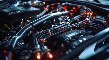 A sleek and modern main wiring harness integrated seamlessly into the engine compartment of a luxury car, showcasing advanced automotive technology. - obrazy, fototapety, plakaty