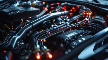  A sleek and modern main wiring harness integrated seamlessly into the engine compartment of a luxury car, showcasing advanced automotive technology. © Manzoor