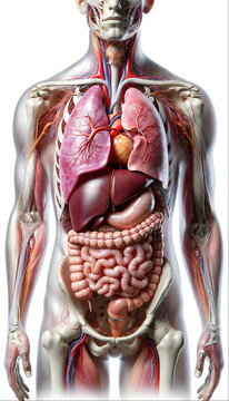 A detailed anatomical illustration of the human body, showcasing the organs and vascular system
