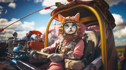 AI generated illustration of a cat in protective suit sitting in the driver's seat - obrazy, fototapety, plakaty